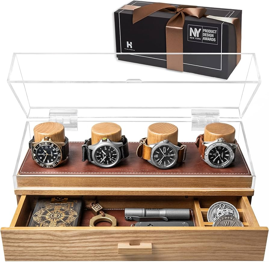 Holme & Hadfield Premium 4 Slot Watch Box for Men - Wooden Watch Display Case with Hinged Cover, ... | Amazon (US)