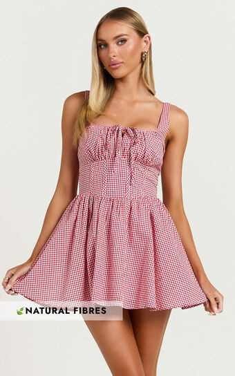 Keegan Mini Dress - Ruched Bust Front Tie Gathered Skirt Dress in Red Gingham | Showpo (ANZ)