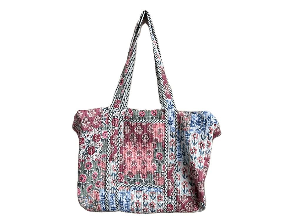 Quilted Duffle Tote Shoulder Patch Bag Cotton Handprint Floral Eco friendly Sustainable bag, Yoga... | Amazon (US)
