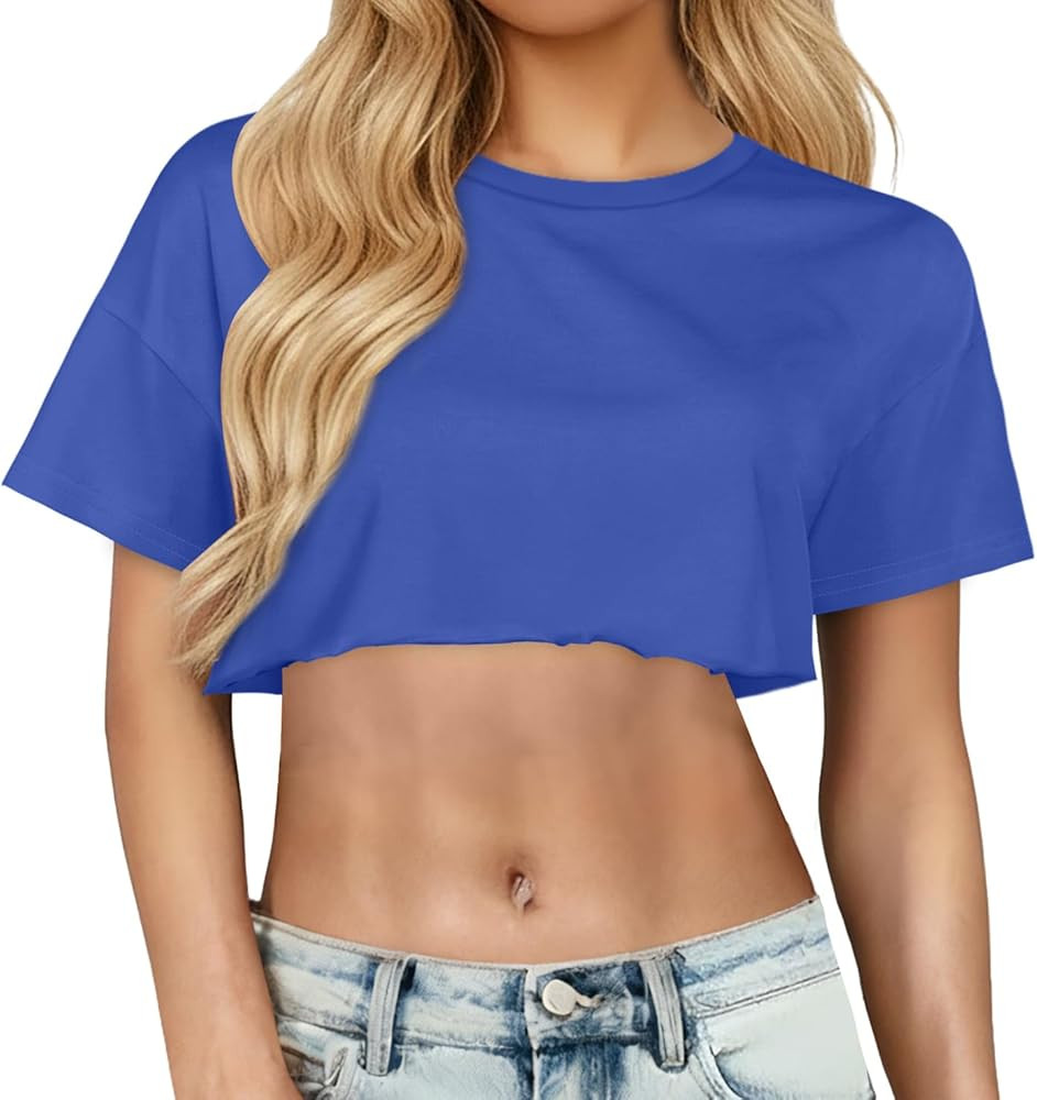 Crop Tops for Women Short Sleeve T Shirts Casual Basic Crew Neck Summer Oversized Cropped Tees 20... | Amazon (US)