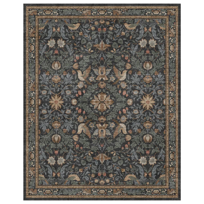 Soft Vintage Floral Washable Non-Slip Area Rug For Living Room, Bedroom Charcoal & Sage Green | Wayfair North America