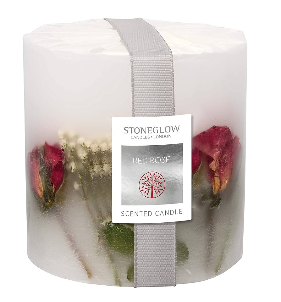 Stoneglow Nature's Gift Natural Wax decorated Scented Pillar Candle - Various Designs (Red Rose) | Amazon (UK)