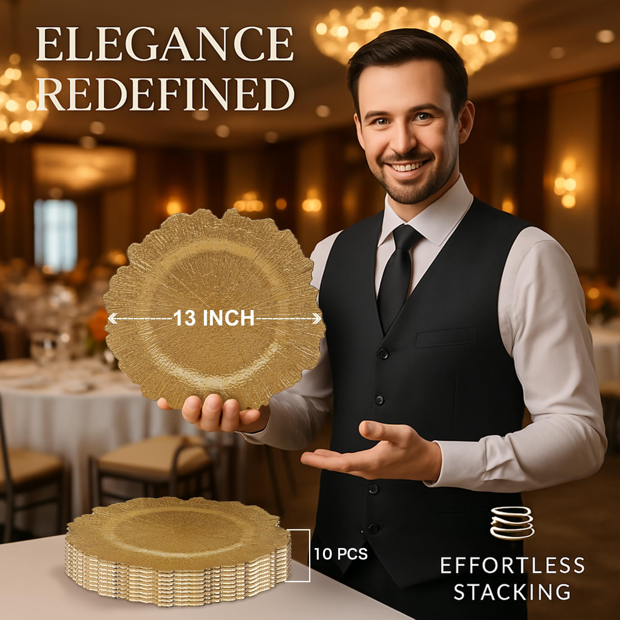 JEVERGN 10 Pack Gold Charger Plates, 13'' Reef Chargers for Dinner Plates, Gold Plate Chargers Se... | Amazon (US)