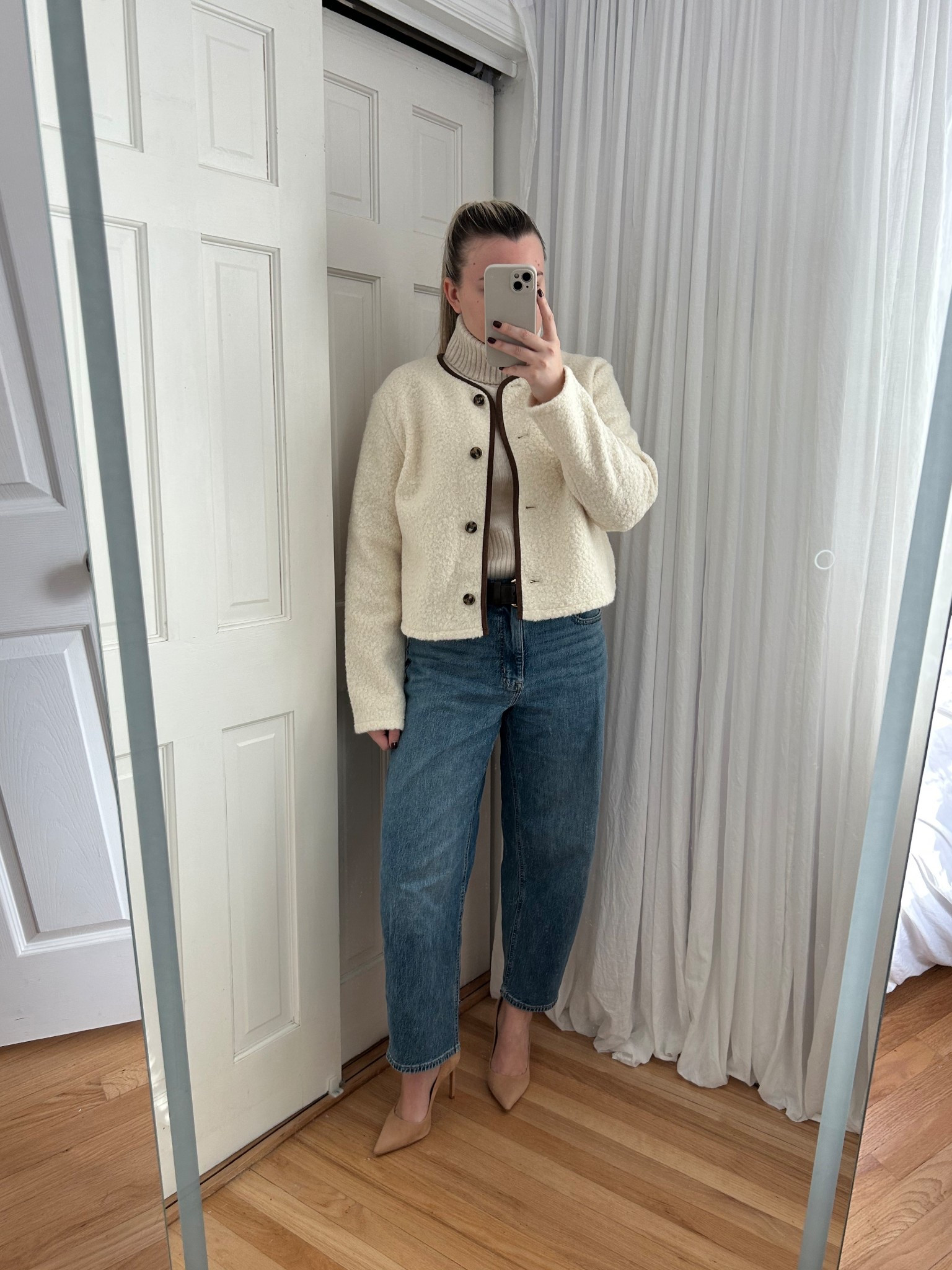 Cozy workwear outfit, thanksgiving outfit, comfy outfit, casual outfit, fall fashion, winter outfit 🤎 wearing a size large in the teddy fleece cardigan, size medium in the cream knit turtleneck top, and a size us4 in jeans🍂

#LTKFindsUnder50 #LTKPetite #LTKHoliday