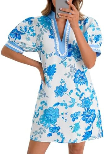Wenrine Womens Summer Mini Dress Casual Floral Puff Sleeve V Neck Color Block Loose Boho Beach Dr... | Amazon (US)