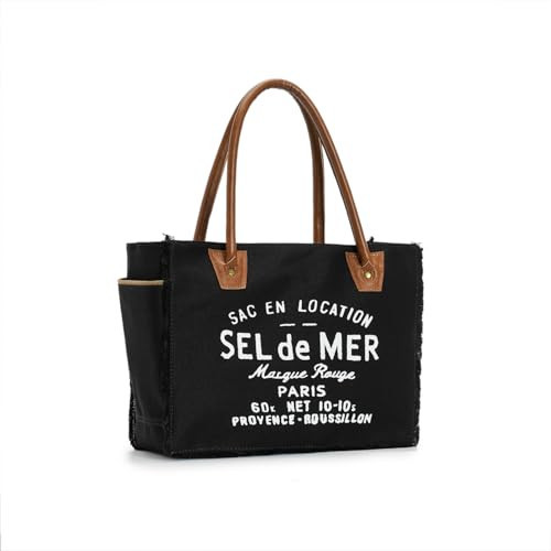 Lamyba Sel De Mer Canvas HandBag Upcycled Canvas Leather Tote Bag,Small Black | Amazon (US)