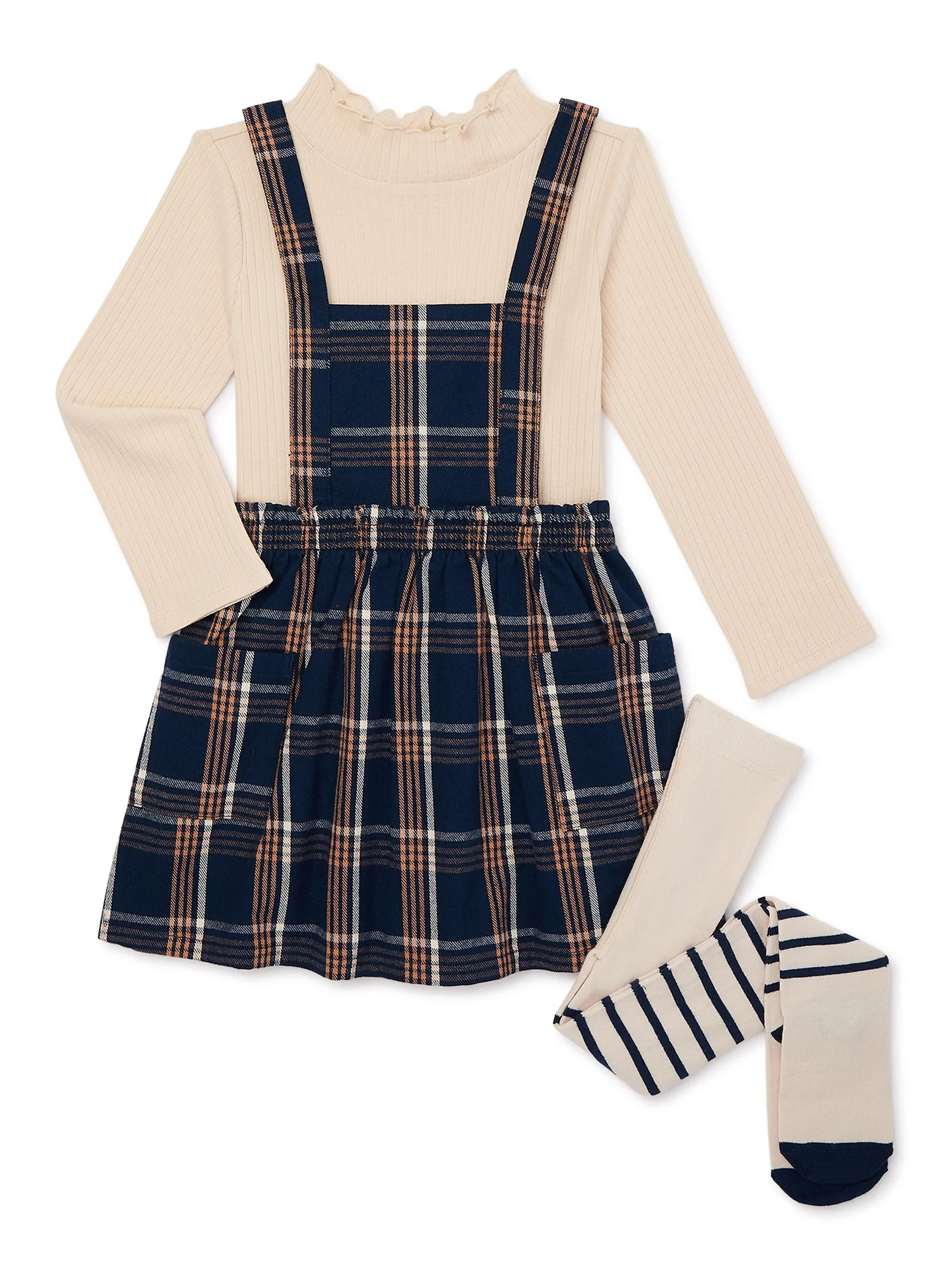 Wonder Nation Toddler Girl Velvet Pinafore, Top and Tights Outfit Set, 3-Piece, Sizes 12M-5T | Walmart (US)