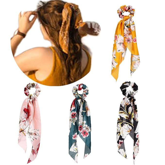Aksod Floral Silk Scarf Scrunchy Ribbon Hair Scrunchies Printed Flower Long Headband Ponytail Hol... | Amazon (US)