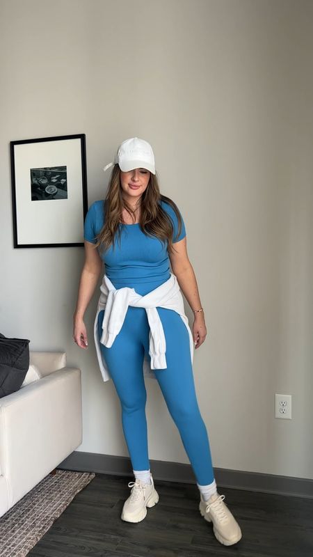 Blue athletic set wearing large in top and bottom! Chunky sneaks are true to size 💙🦋 

#LTKunder50 #LTKcurves #LTKstyletip