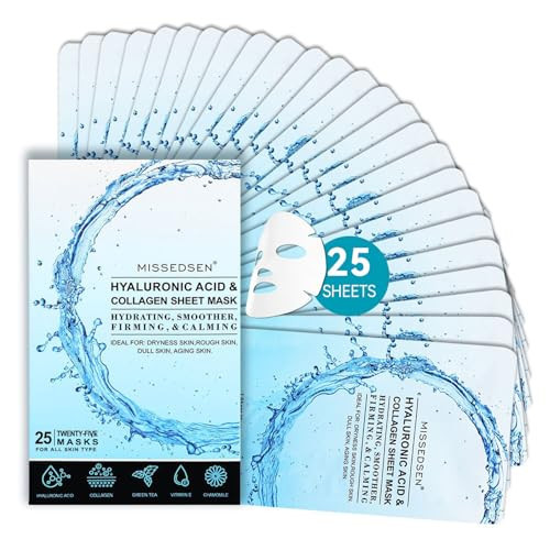 MISSEDSEN Collagen Face Mask with Hyaluronic Acid, Vitamin E Oil for Skin Care Hydrating, Moisturizing, Brightening & Anti Aging Face Masks Skincare for Oil, Dry, Acne, Sensitive All Skin Types 25PCS | Amazon (US)