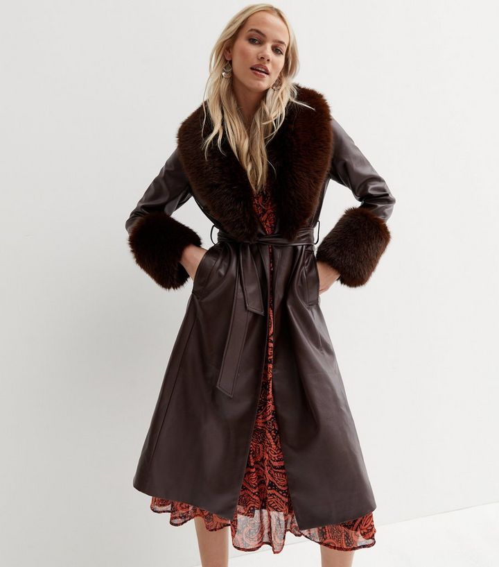 Dark Brown Leather-Look Faux Fur Trim Belted Coat | New Look | New Look (UK)