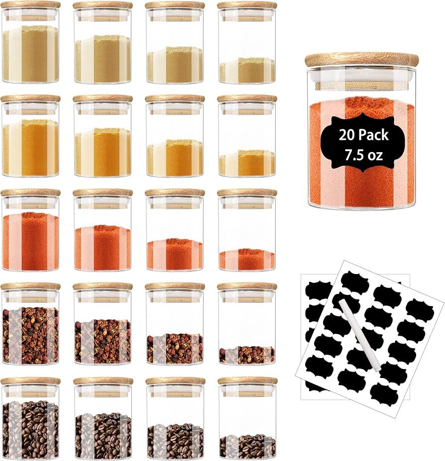 ZRRHOO 20 Pack Glass Jars with Bamboo Lids, 7.5oz Airtight Spice Jars Set with Extra Labels and P... | Amazon (US)