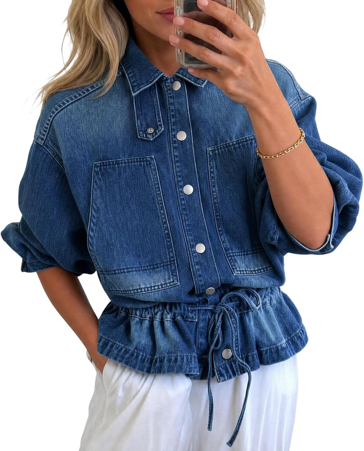 Cicy Bell Women Drawstring Jean Jacket Button Down Collared Denim Shacket | Amazon (US)