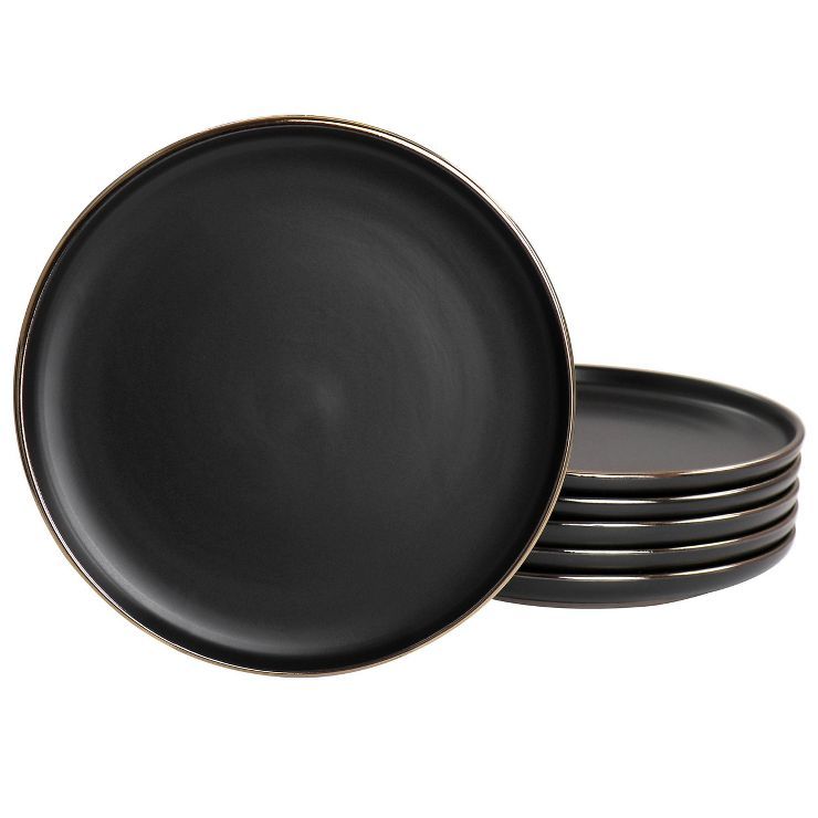 6pc Paul Stoneware Salad Plate Set with Rim Matte Black/Gold - Elama | Target