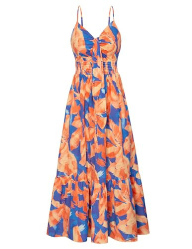 GRACE KARIN Women's Bohemian Summer Floral Print Tie Front Sleeveless V Neck Smocked Flowy Ruffle A Line Maxi Dress | Amazon (US)
