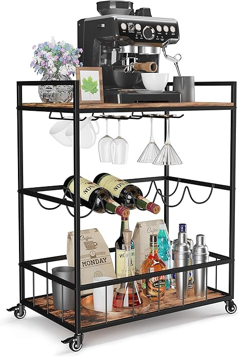 Industree Serving Cart on Wheels, 3-Tier Bar Cart with Wine Rack, Modern Wood and Metal Portable ... | Amazon (US)
