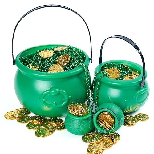 JOYIN 4PCS St.Patrick's Day Green Cauldrons with Handle Party Supplies Set with 1 Pcs Large, 1 Medium and 2 Small Plastic Lucky Leprechaun Pots for Saint Patricks Pot of Gold Party Decorations | Amazon (US)