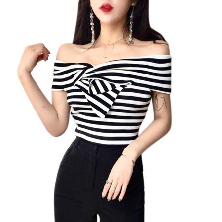 Black And White Off Shoulder Crisscross Front Striped Short Sleeve T-shirt Women Summer Temperament  | Walmart (US)