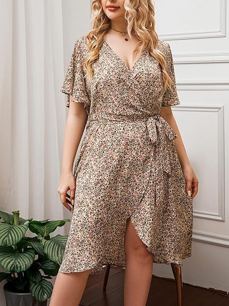 Floerns Women's Plus Size Striped Print Wrap V Neck Short Sleeve A Line Dress | Amazon (US)