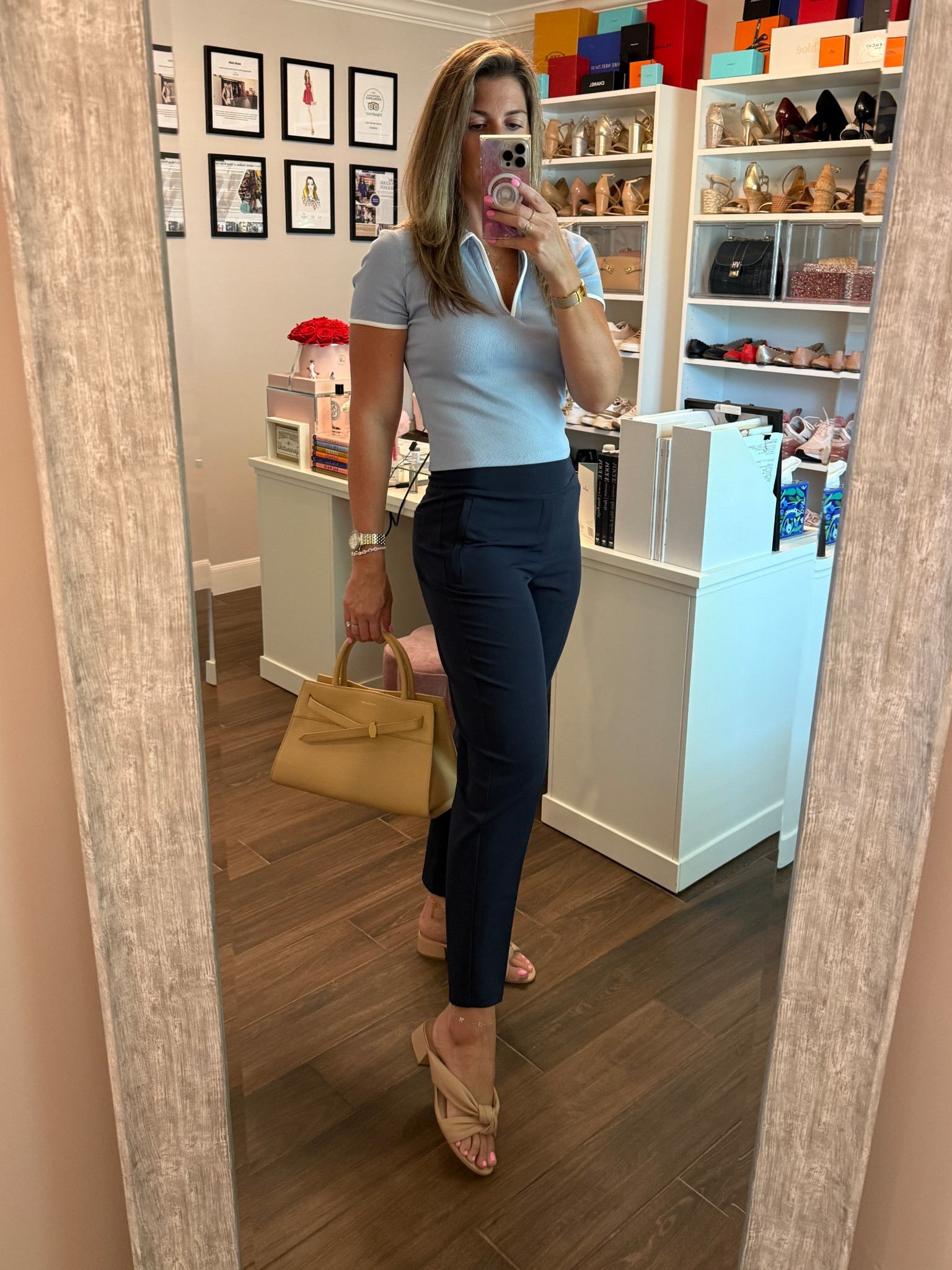 No summer blues here! This collared ribbed tee has been on high rotation and I officially own it in (almost) every color it comes in! Dressed it up with these pull on flat front pants. One of my favorite trousers! High waisted, stretchy and a tapered leg. 

Style Tip: dress down with a tank and sneakers! 

Last but not least, this gorgeous handbag is 50% off PLUS an extra 20% off this weekend! An unbelievable price for such a beautiful leather bag! 😍

Shirt runs TTS. Wearing size S.
Pants run TTS. Wearing size 6.
Sandals run TTS. Wearing 9.5

#LTKItBag #LTKWorkwear #LTKOver40