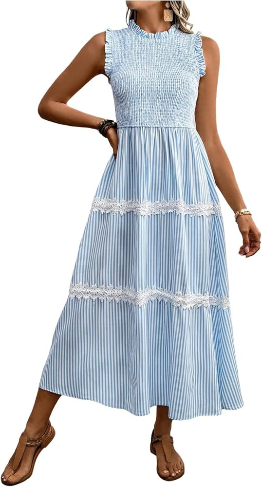 SweatyRocks Women's Summer Long Dress Casual Boho Striped Sleeveless Smocked Tiered Ruffle Sundre... | Amazon (US)