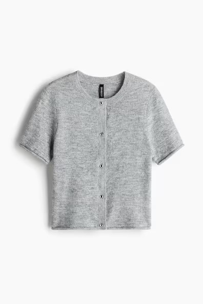H & M - Short-Sleeved Fine-Knit Cardigan - Gray | H&M (US + CA)