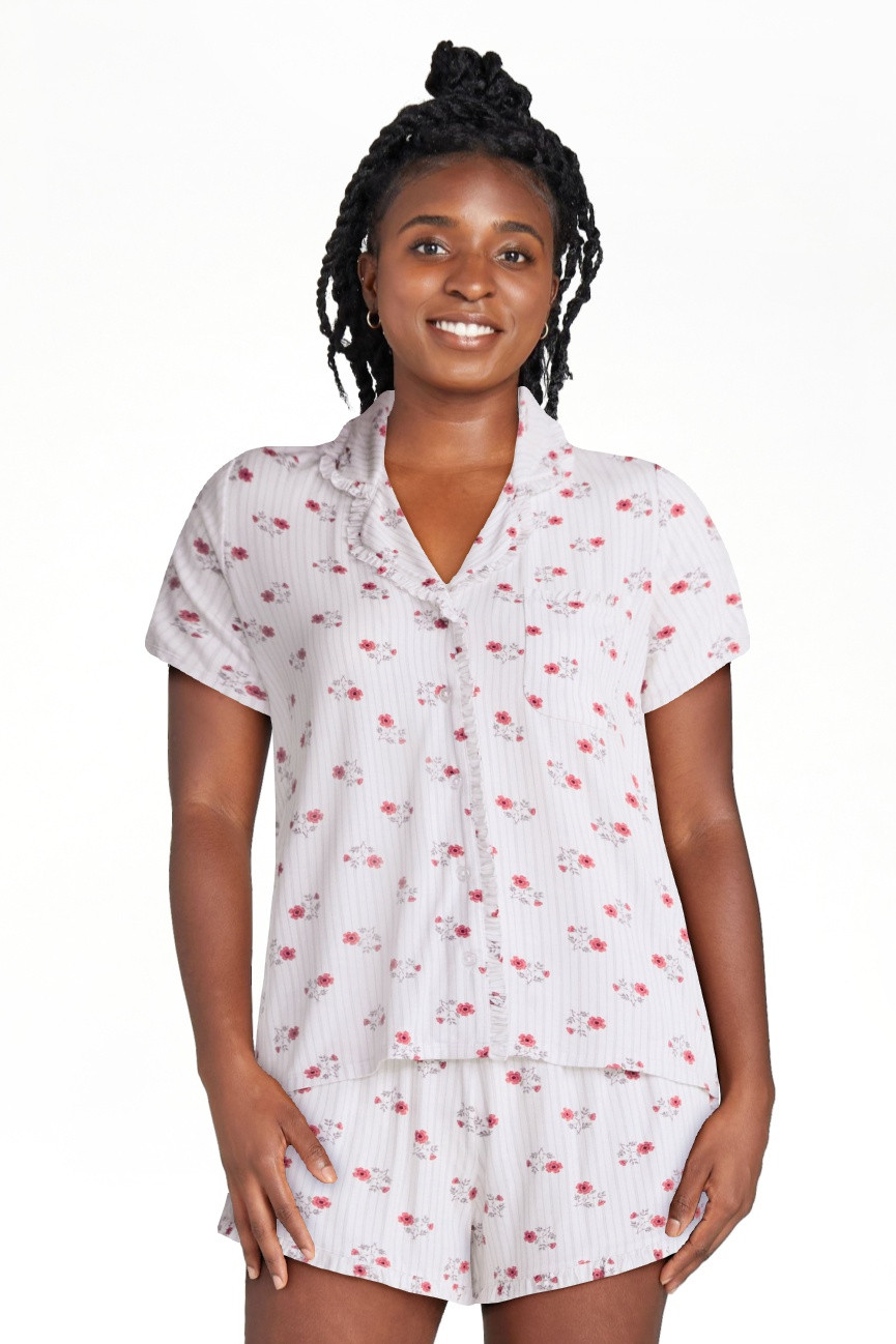 Joyspun Women’s Modal-Blend Ruffle Trim Notch Collar Top and Shorts Pajama Set, 2 Piece, Sizes ... | Walmart (US)