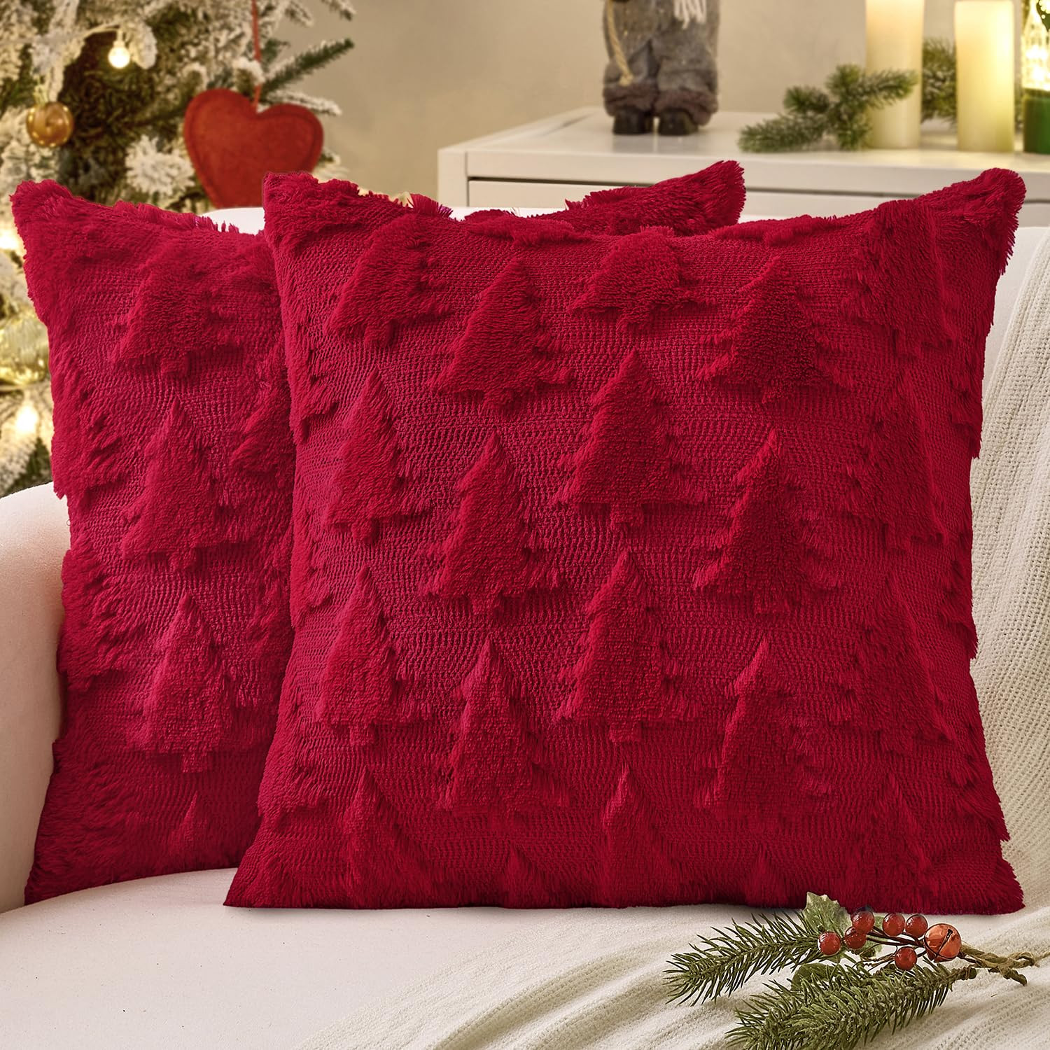 MIULEE Christmas Throw Pillow Covers Burgundy Red Christmas Decorations Set of 2 Xmas Tree 18x18 ... | Amazon (US)