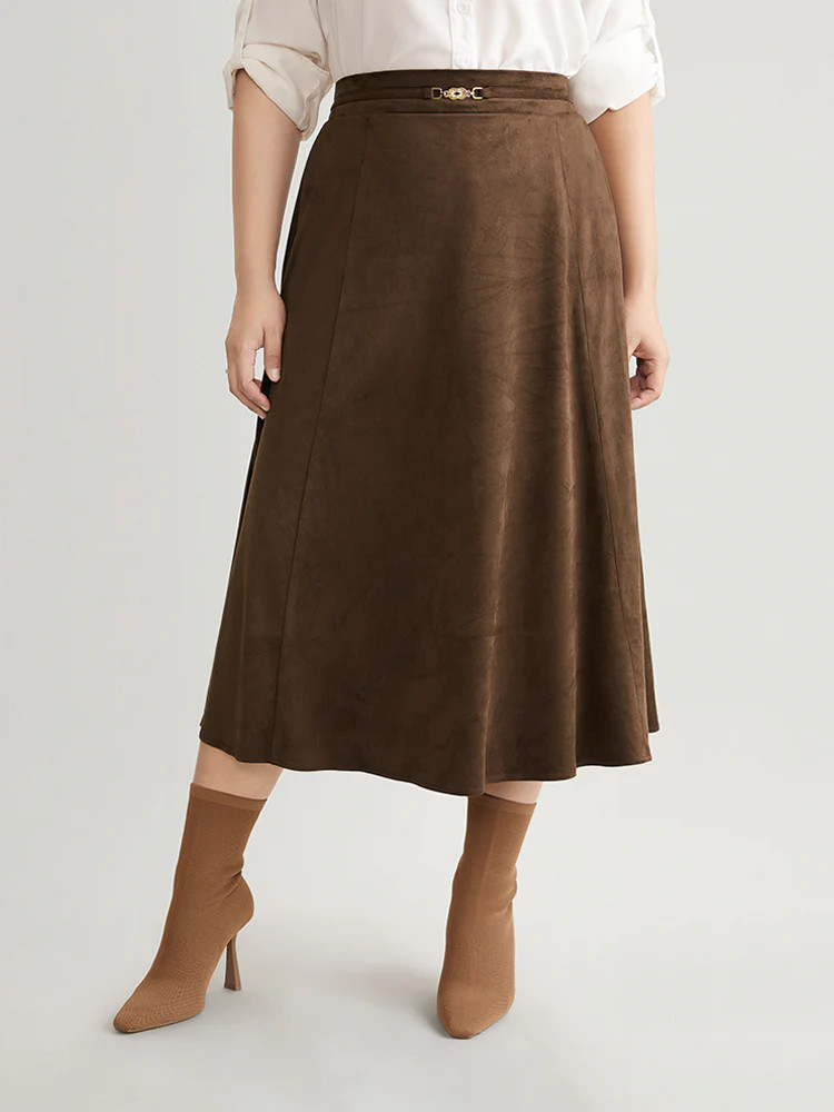Solid Buckle Detail Faux Suede A-line Skirt | Bloomchic
