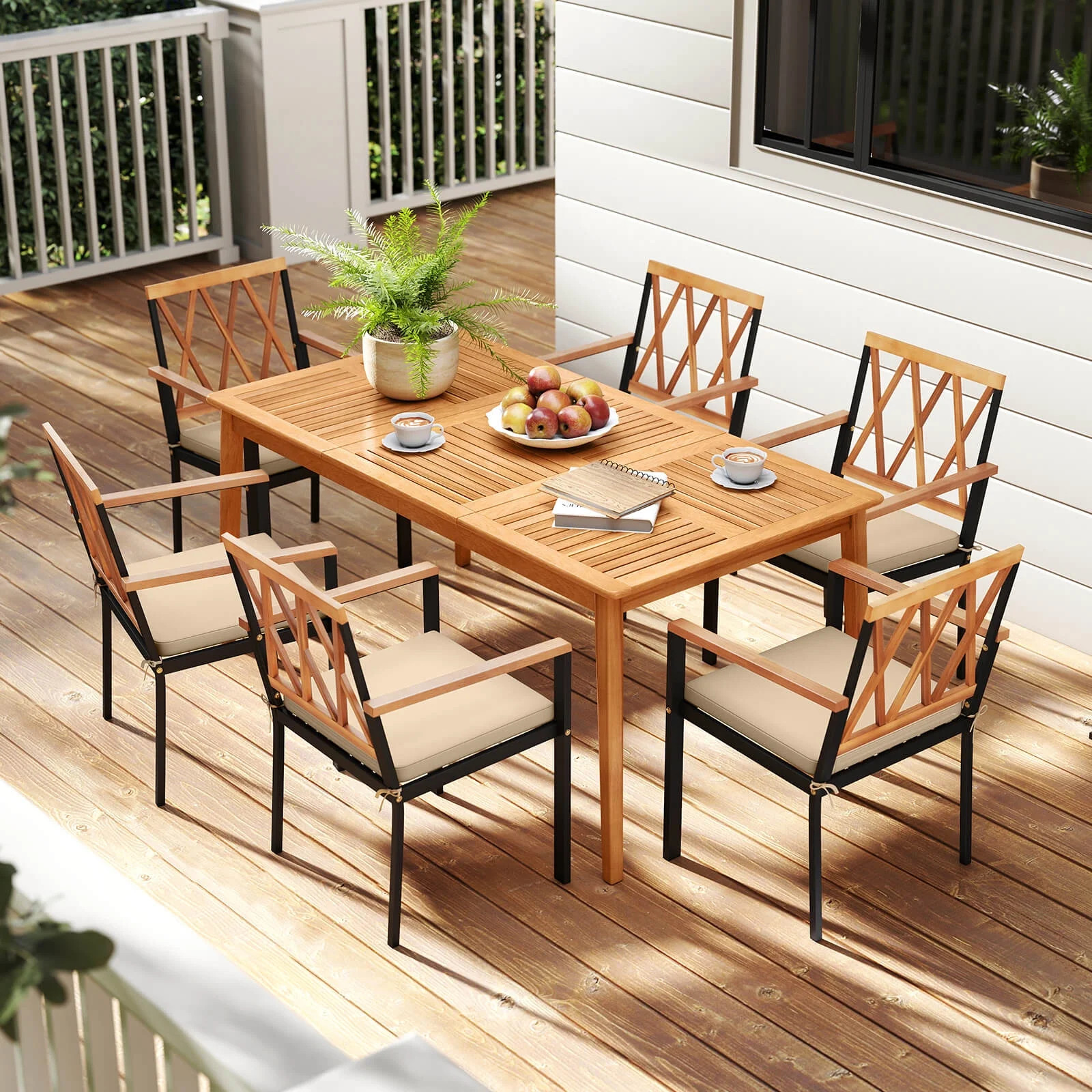 Costway 7 PCS Patio Acacia Wood Dining Set with Soft Seat Cushions Umbrella Hole Outdoor | Walmart (US)