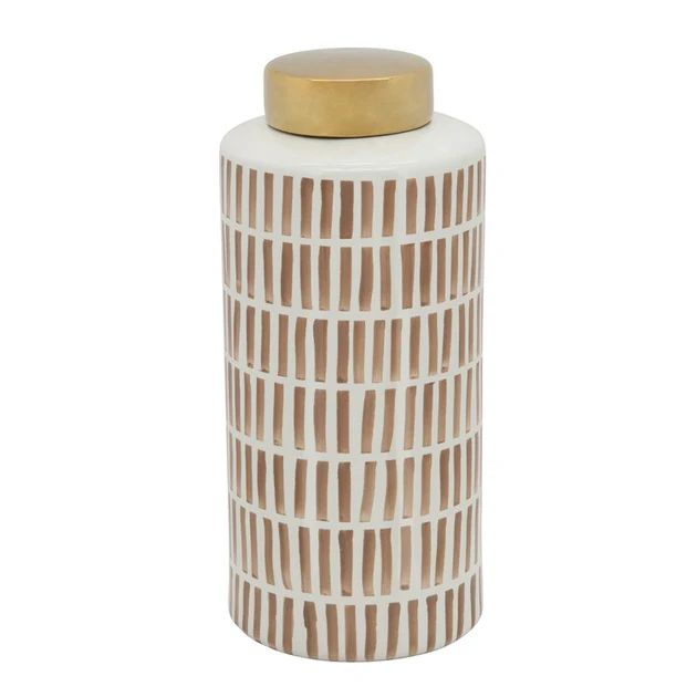 13" Dots and Dashes Ceramic Jar with Gold Lid - Tan | Riverbend Home