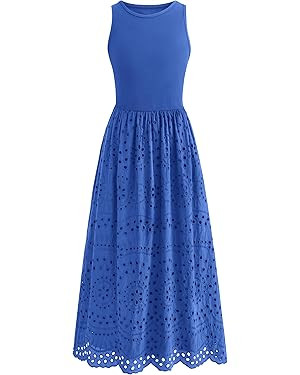 dowerme Women Summer Dresses 2026 Casual Sleeveless Crewneck A-Line Boho Lace Eyelet Cotton Tank ... | Amazon (US)