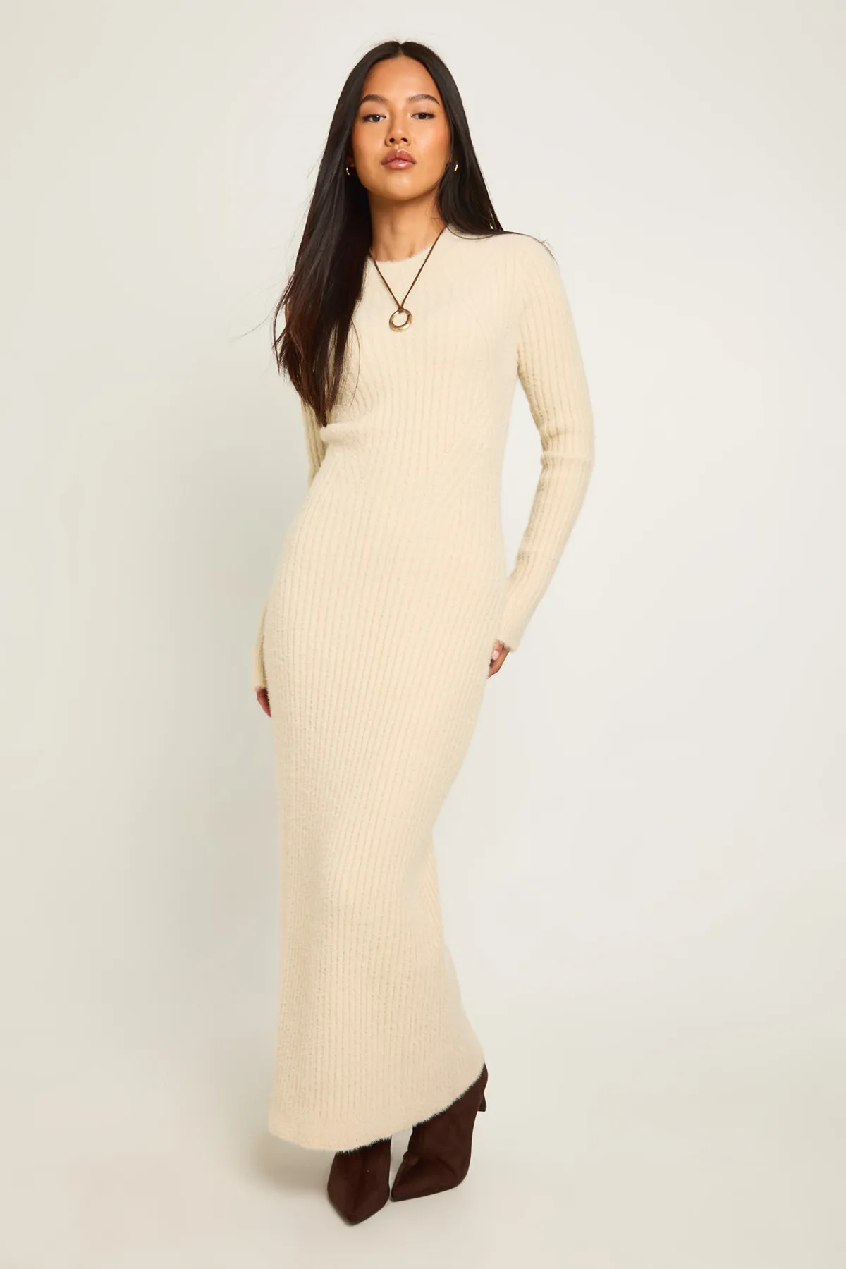Petite Fluffy Yarn Long Sleeve Knitted Maxi Dress | Boohoo.com (UK & IE)
