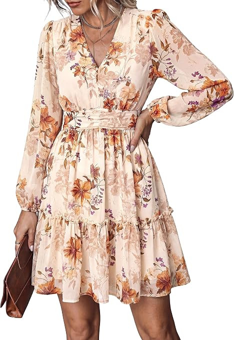 PRETTYGARDEN Women Floral Long Sleeve Mini Dress | Fall Wedding Guest Dresses, V Neck, Fit & Flar... | Amazon (US)