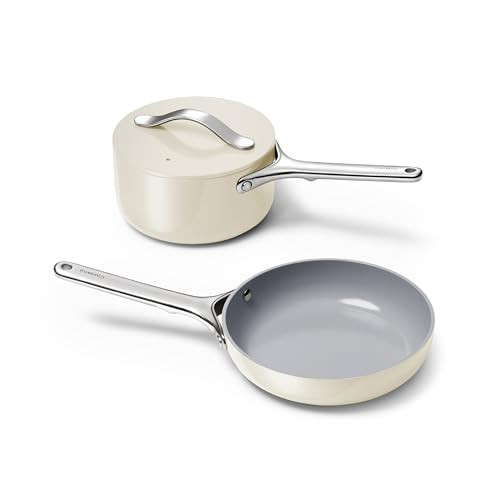 Caraway Mini Cookware Set - Non-Stick Ceramic Fry Pan (1.05 qt, 8") Sauce Pan (1.75 qt) & Storage Rack - Non Toxic, PTFE & PFOA Free - Oven Safe & Stovetop Agnostic (Gas, Electric & Induction) - Cream | Amazon (US)