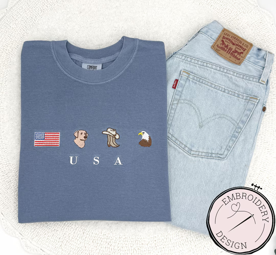 Embroidered USA Icons Comfort Colors T-shirt - Patriotic Summer Shirt, 4th of July Outfit, Americ... | Etsy (US)