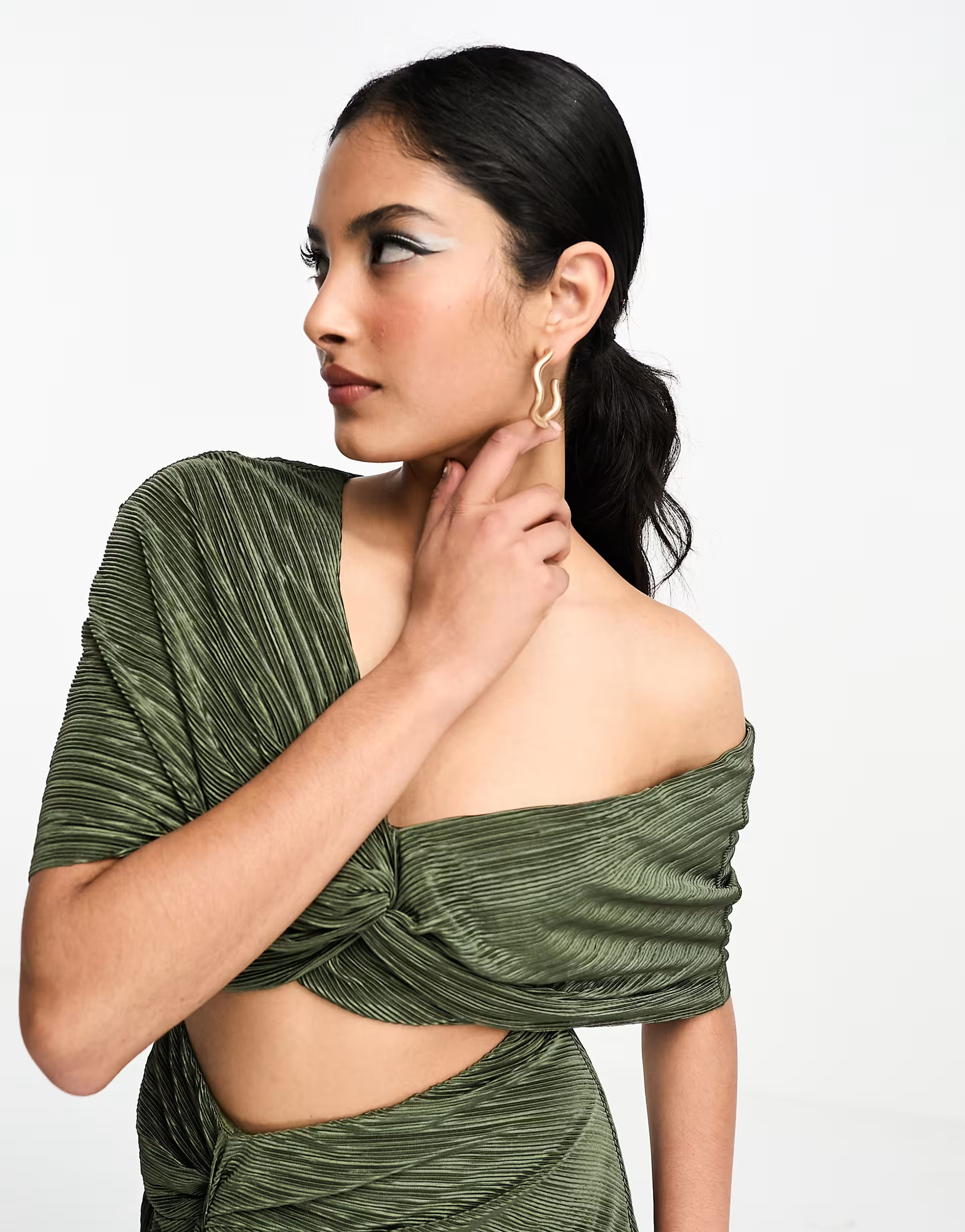 ASOS DESIGN two in one fallen shoulder plisse maxi dress in khaki | ASOS (Global)