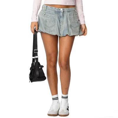 Women's Denim Mini Skirt Distressed Wash Ruched Bubble Hem with Pockets for Casual Daily Streetwear Leght Blue L | Target