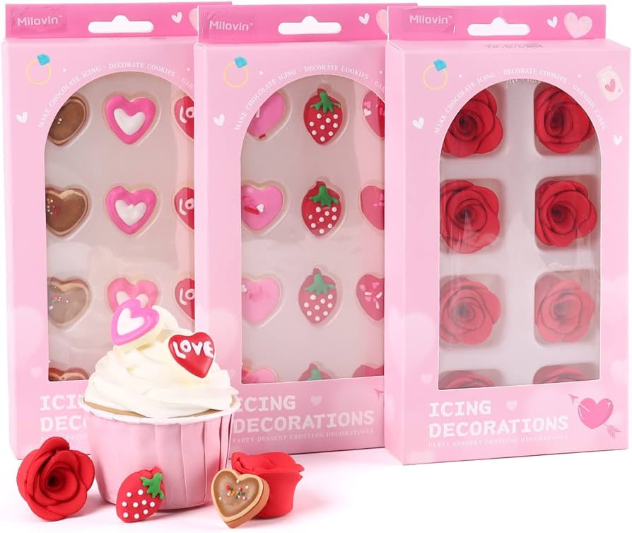 Edible Valentine Icing Decoration, Red Rose Icing Decoration, Royal Icing Heart Sprinkle, Strawbe... | Amazon (US)