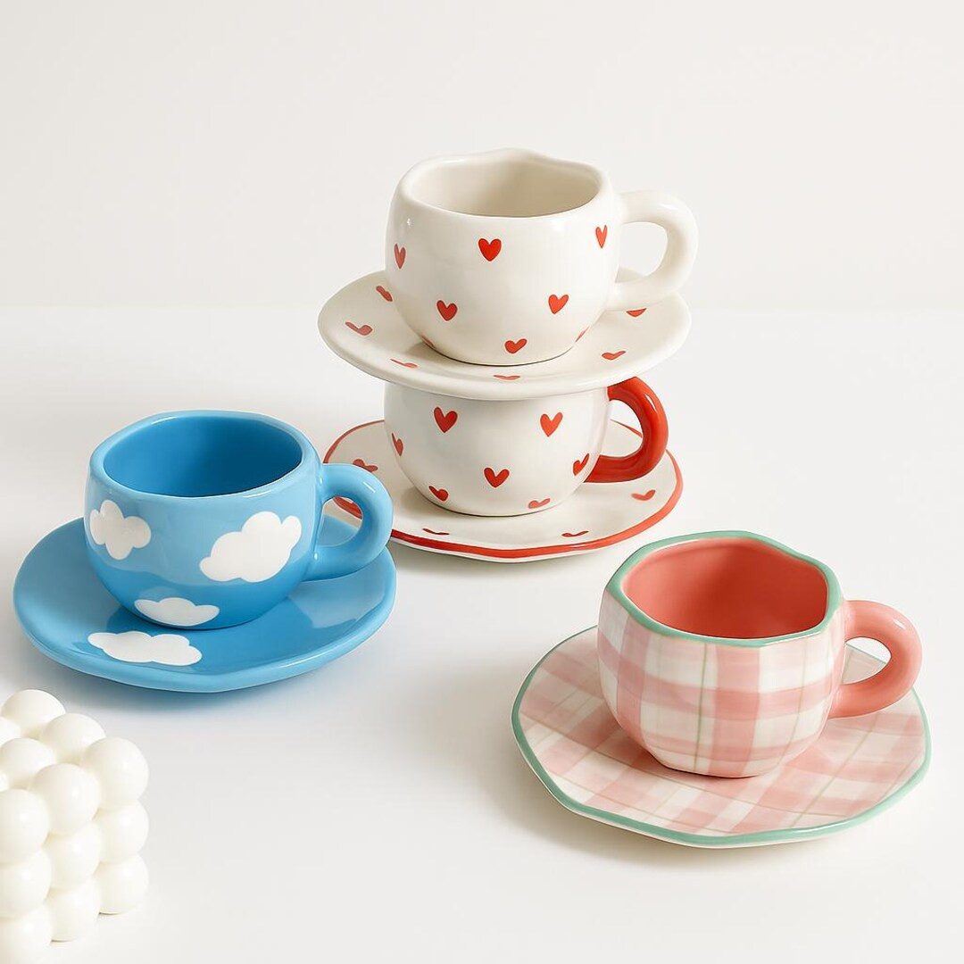 Ceramic Coffee Cup & Saucer Sets | Heart, Cloud, Plaid Patterns | Tea Mug - Etsy Singapore | Etsy (US)