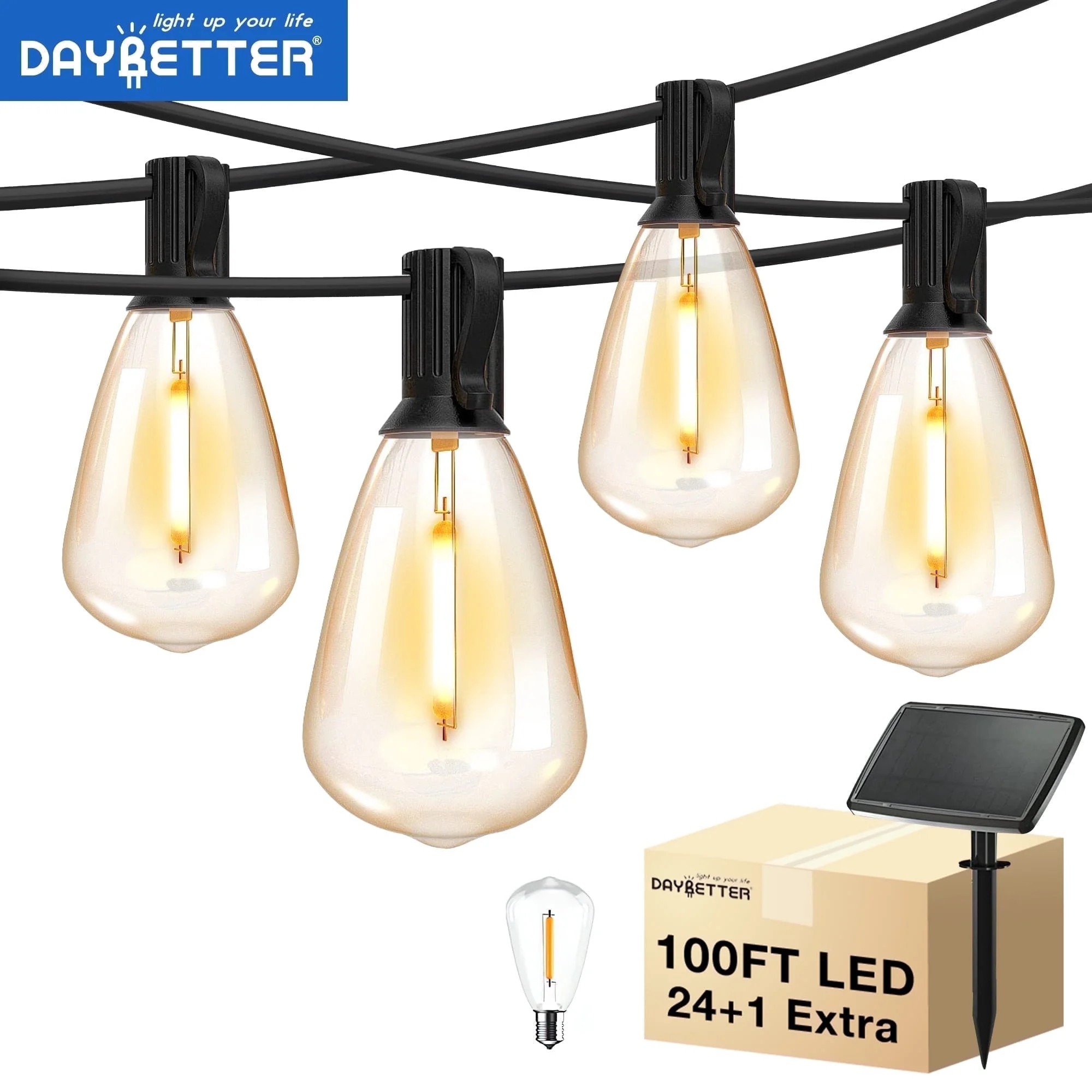 DAYBETTER 100ft Solar Outdoor String Lights, with 24 Shatterproof Bulbs, ST38 Waterproof Hanging ... | Walmart (US)