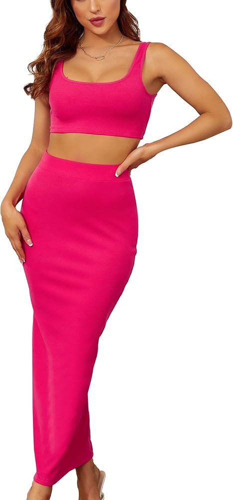 Velius Women's Scoop Neck Neon Bodycon Two Piece Pencil Maxi Dress Clubwear Outfits | Amazon (US)