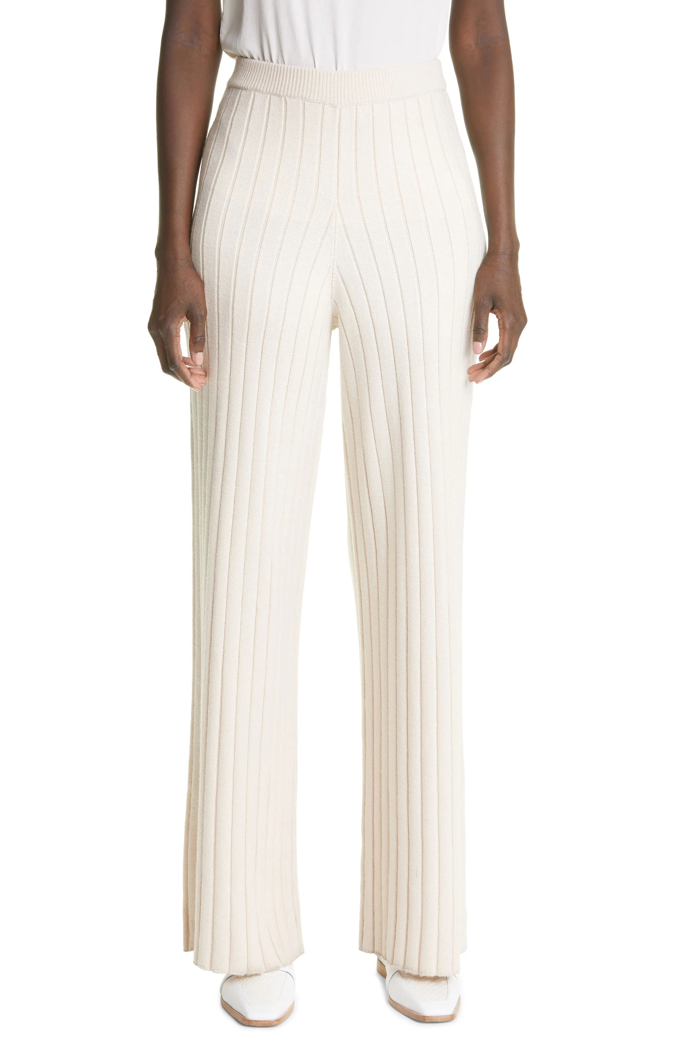 St. John Collection Wide Leg Rib Wool Pants, Size Small in Porcelain at Nordstrom | Nordstrom