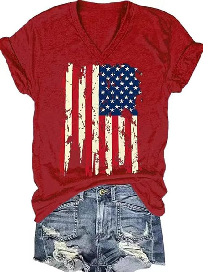 4th of July V Neck Patriotic T-Shirts Women American Flag Print Faith Family Freedom Letter Casua... | Amazon (US)