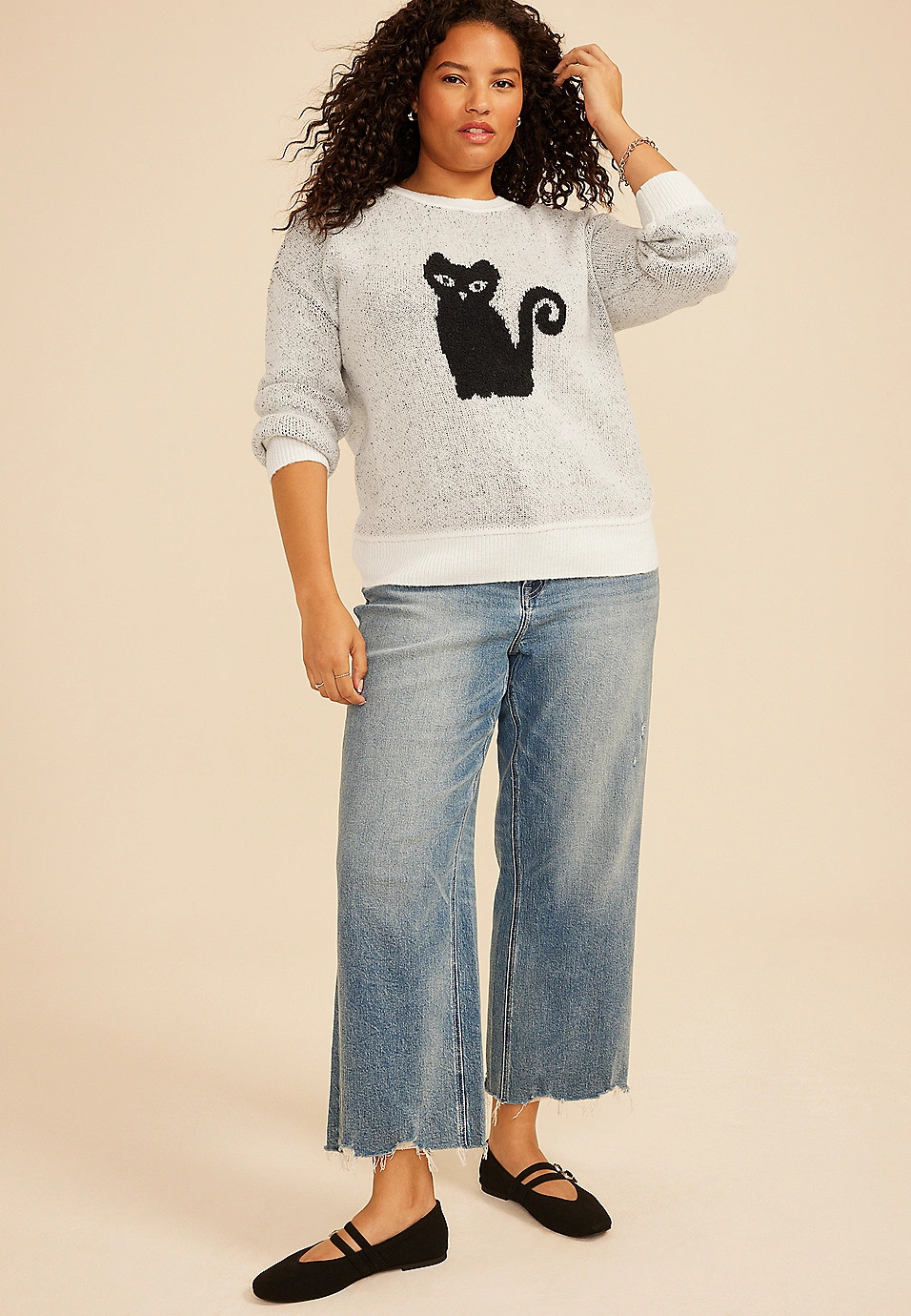 Plus Size Black Cat Icon Crew Neck Sweater | Maurices
