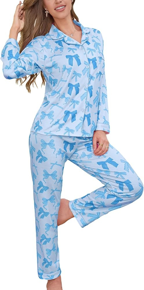 Pajamas for Women Set 2 Piece lounge sets Long Sleeve Button Down Loungewear Bow Print Sleepwear ... | Amazon (US)