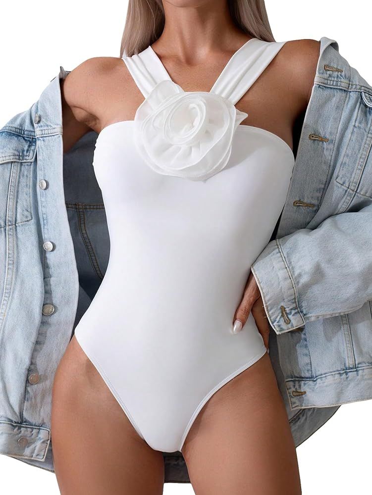 Floerns Women's One Piece Swimsuit Flower Appliques High Neck Monokini Swimwear | Amazon (US)