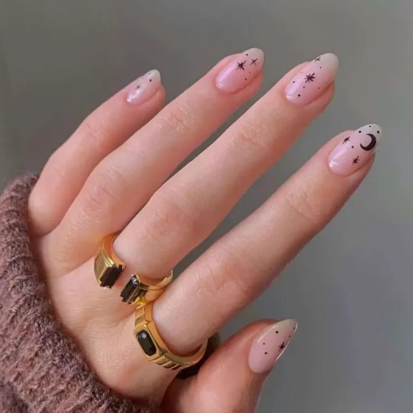 Black Moon Star Medium Oval Press On Nails | BETTYCORA