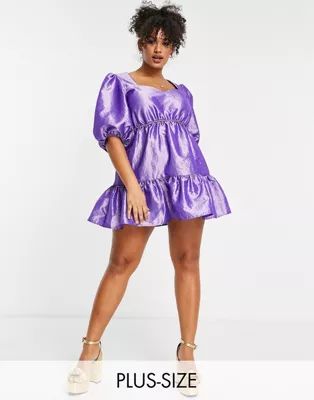 Twisted Wunder Plus mini smock dress with puff sleeves in purple | ASOS (Global)