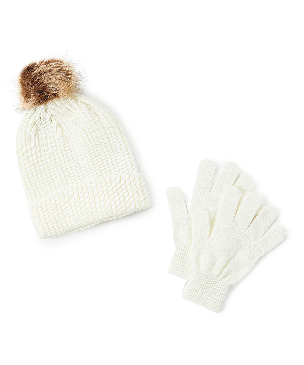 Chatties Women's Mittens Ivory - Ivory Pom-Pom Beanie & Gloves Set | Zulily